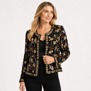 Scala 100% Silk Beaded Floral Evening Jacket Black Gold Sequin Size 8